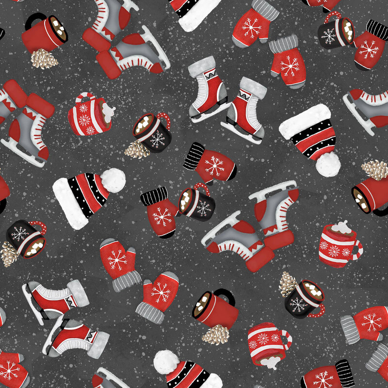 Dark gray fabric with tossed mittens, hot cocoa, hats, and ice skates on a paint-flecked background.