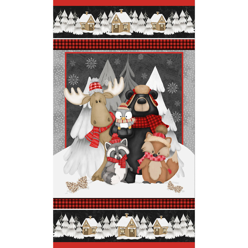 A multicolor panel fabric with a moose, raccoon, owl, fox, and bear all dressed in cozy winter wear posing for a photo, bordered by winter villages.