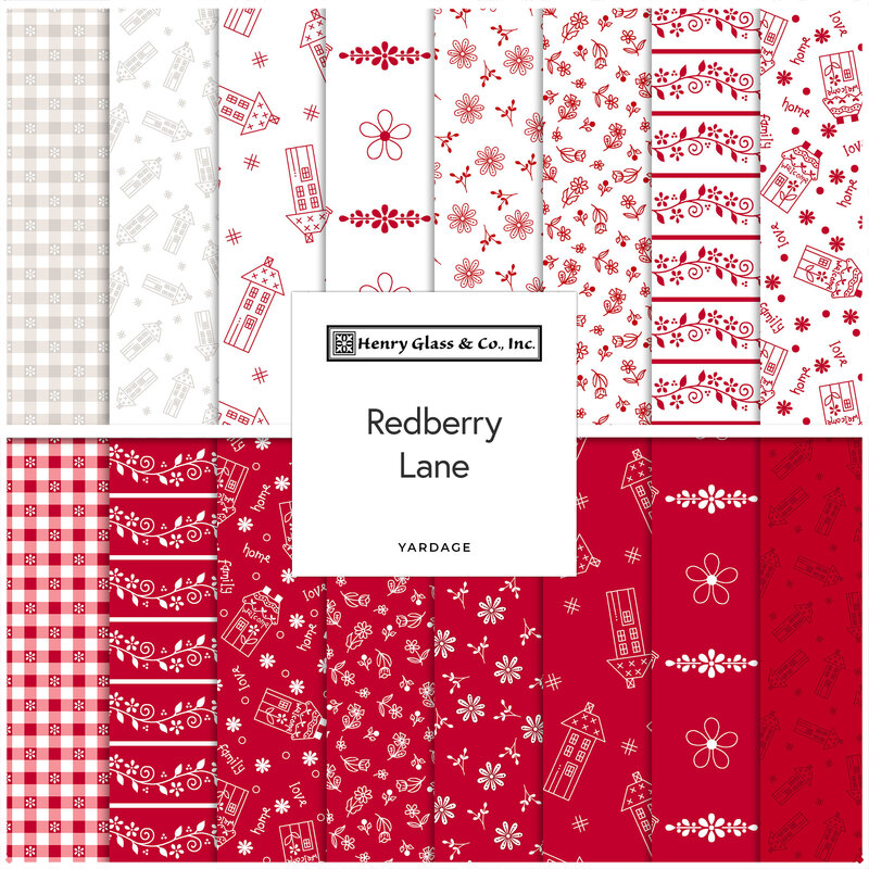 A collage of red and white fabric patterns labeled Redberry Lane by Henry Glass & Co. Inc.