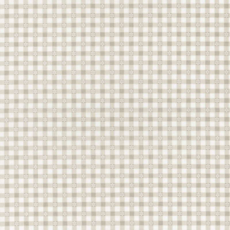 Light gray and beige gingham fabric pattern with small floral motifs in various squares.