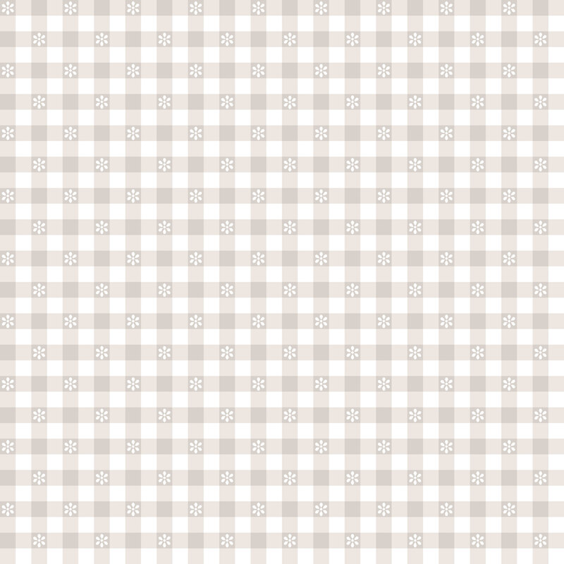 Light gray and beige gingham fabric pattern with small floral motifs in various squares.