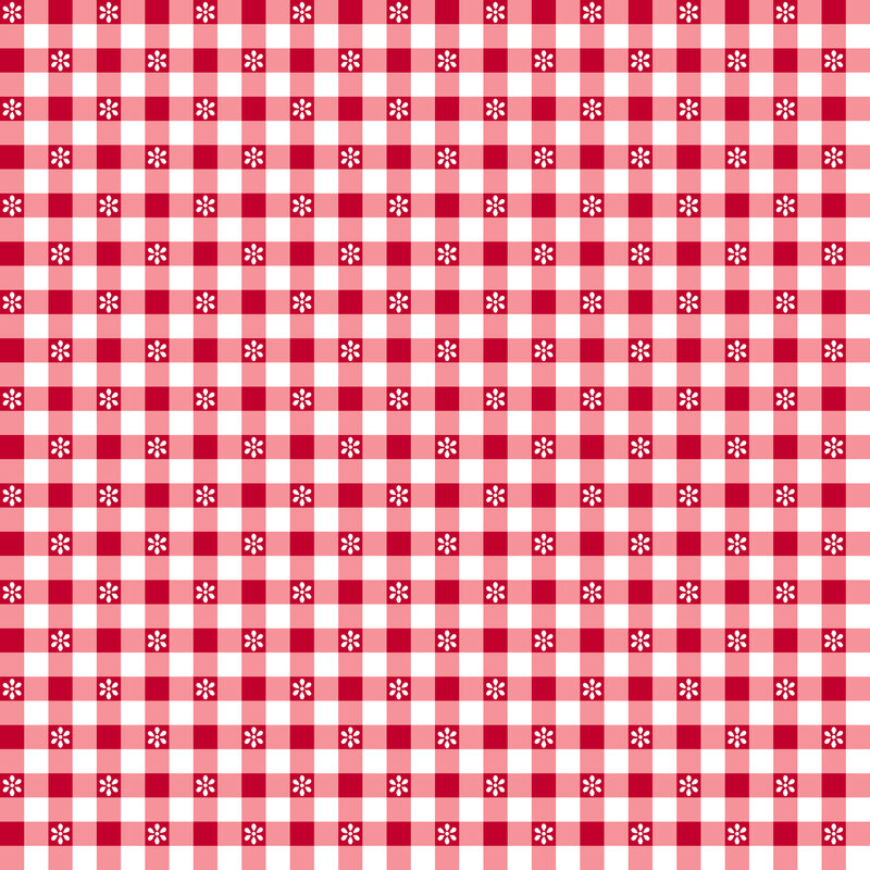 Red and white gingham fabric pattern with small flowers in alternating squares.