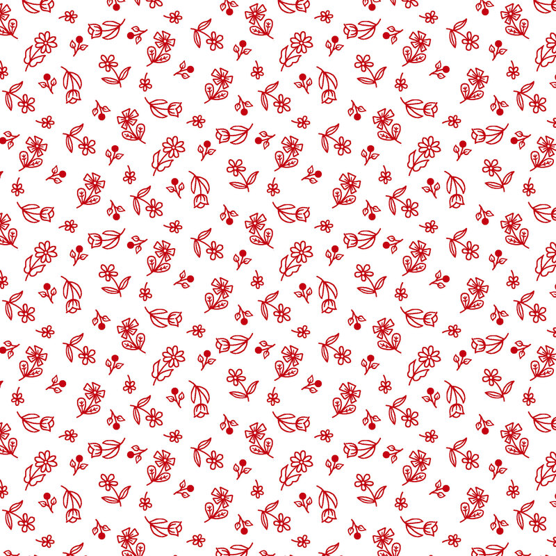 Fabric with a red floral pattern on a white background, featuring various small flowers and leaves.