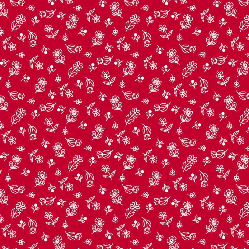 Fabric with a red background with a calico pattern of scattered white outlines of florals and leaves.