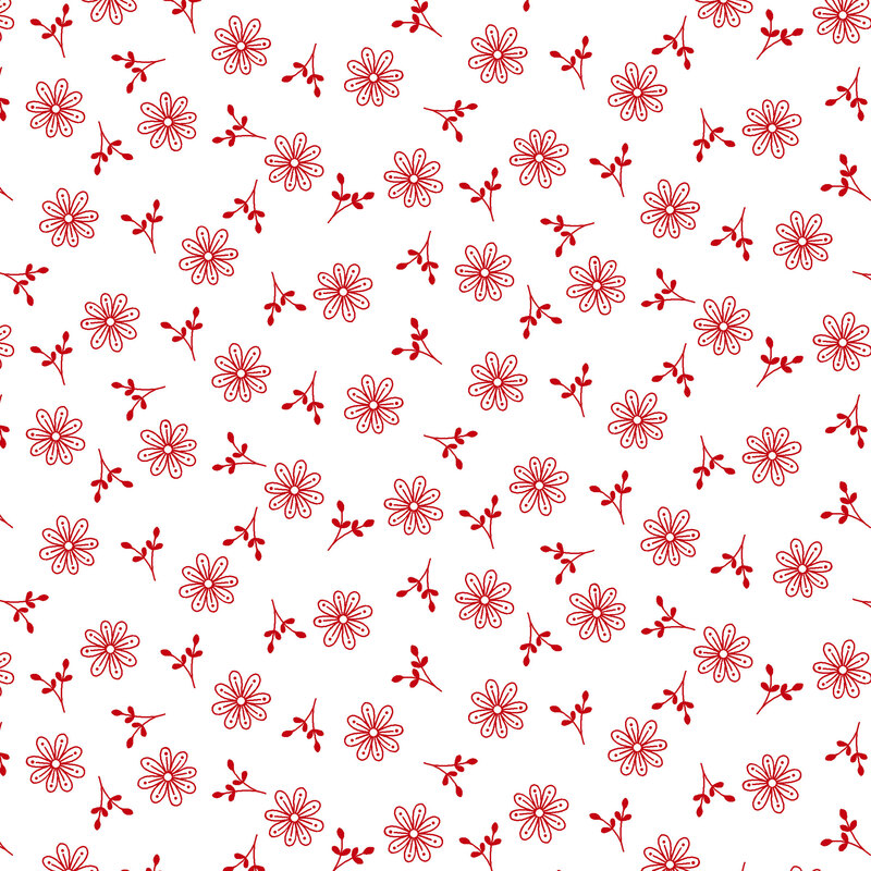 Fabric with various red flower shapes and small buds on a white background.