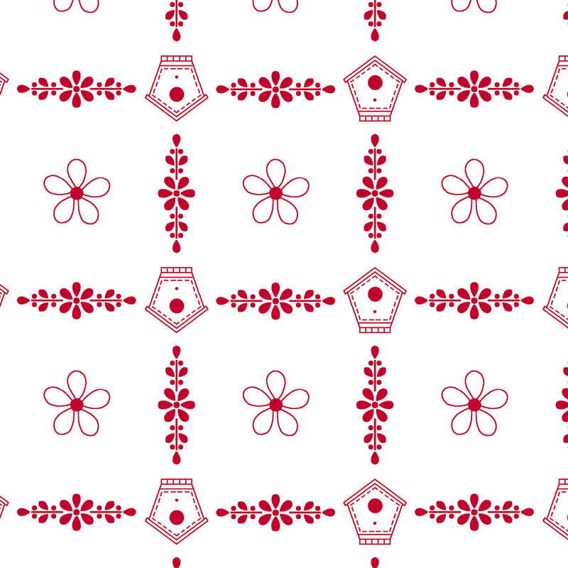 Fabric with red florals and birdhouses on a white background, evenly repeated in a grid layout.