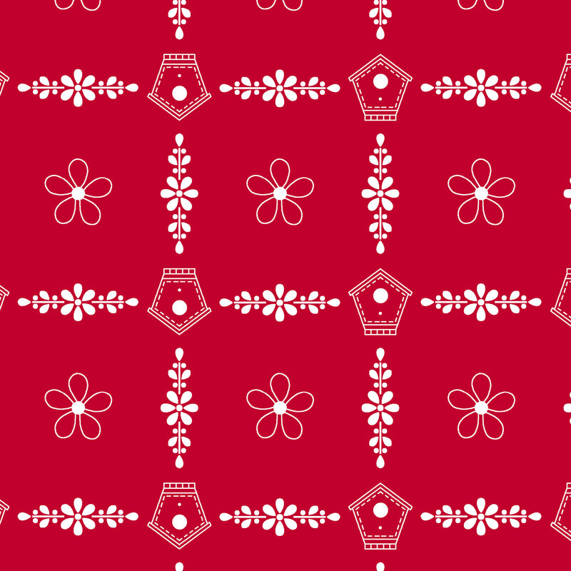 Fabric with crisp white florals and birdhouses on a red background, evenly repeated in a grid layout.