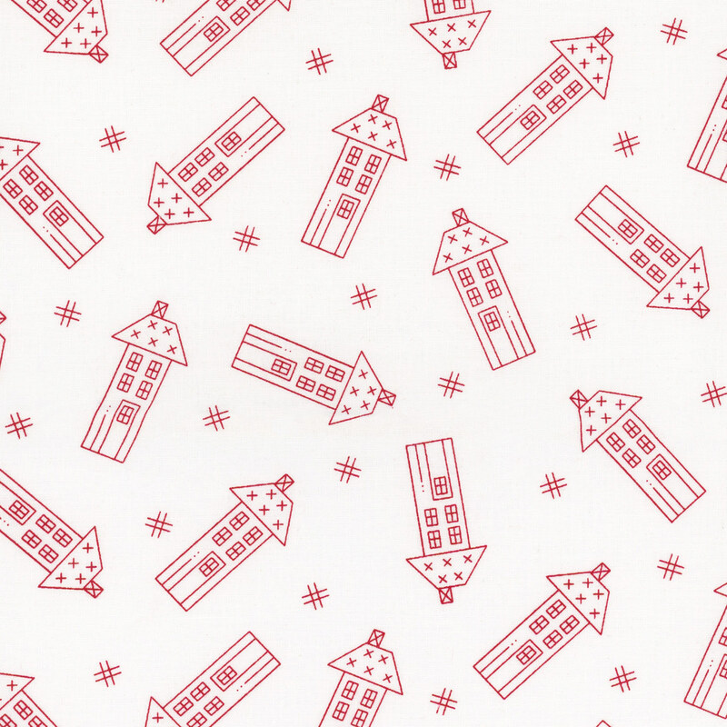 Fabric with red line-drawn houses in various orientations on a white background with scattered hash tags throughout.