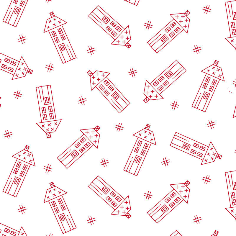 Fabric with red line-drawn houses in various orientations on a white background with scattered hash tags throughout.