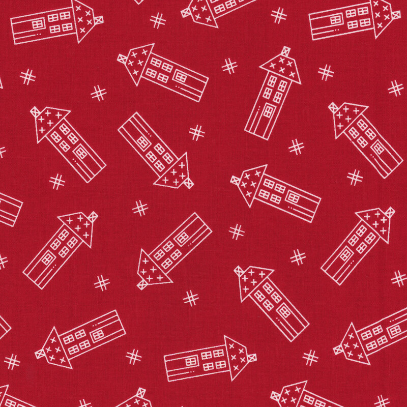 Fabric with white line-drawn houses in various orientations on a red background with scattered hash tags throughout.
