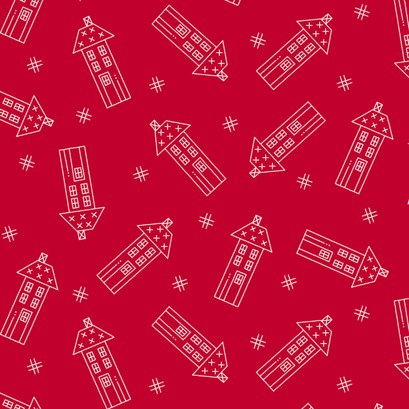 Fabric with white line-drawn houses in various orientations on a red background with scattered hash tags throughout.