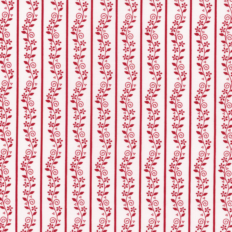 Fabric with a repeated stripe design featuring red stripes and florals against a white background.