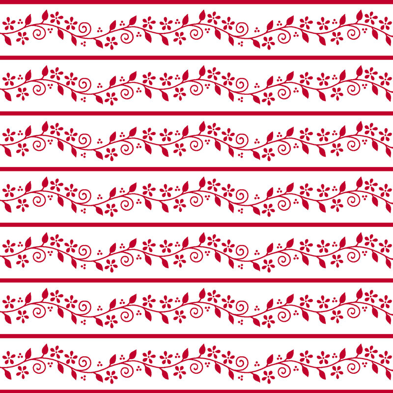 Fabric with a repeated stripe design featuring red stripes and florals against a white background.