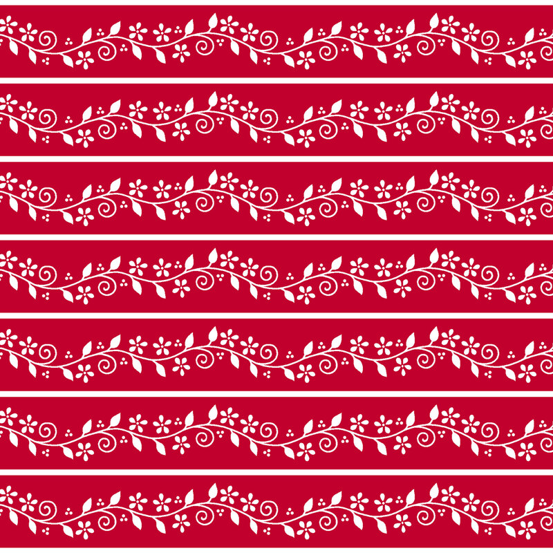 Fabric with a repeated stripe design featuring white stripes and florals against a red background.