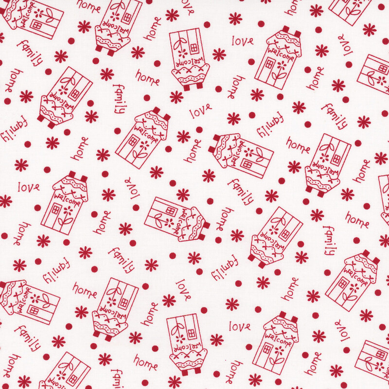 A repeating pattern of red houses, flowers, and words like home, family, and love on a white background.