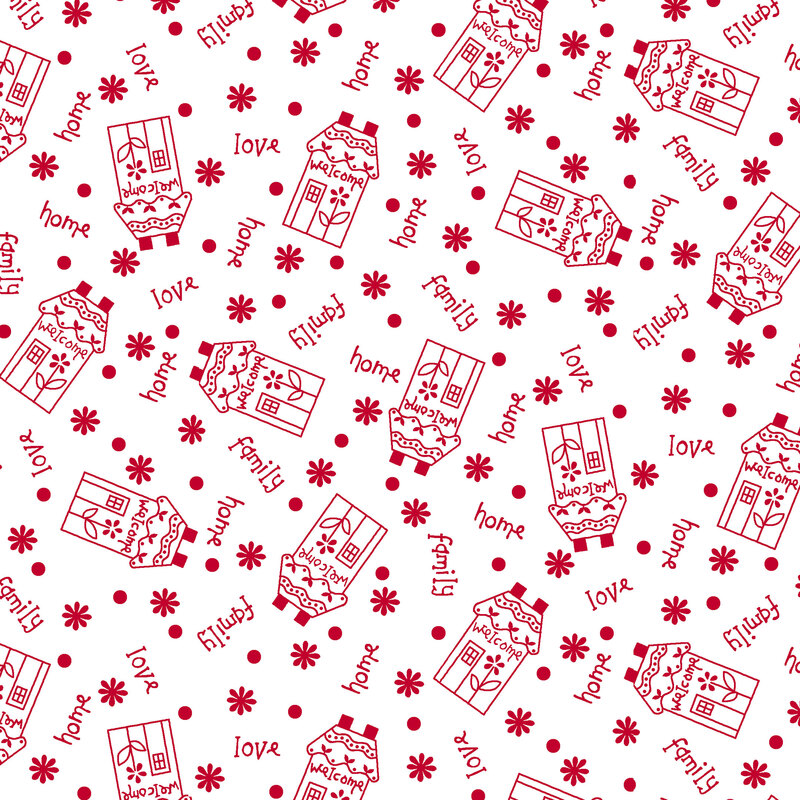 A repeating pattern of red houses, flowers, and words like home, family, and love on a white background.