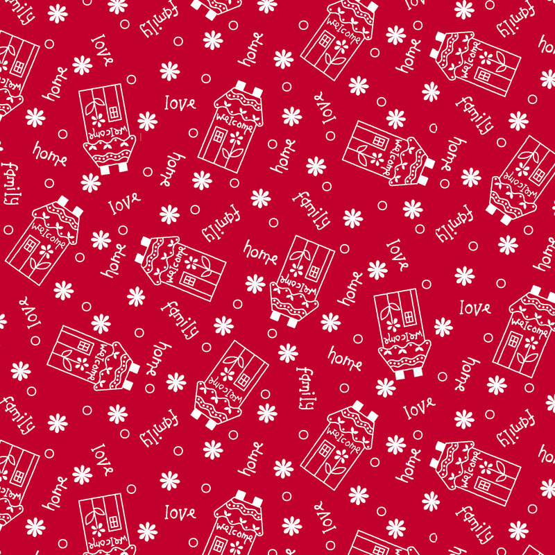 Fabric with a red background featuring white illustrations of houses and the words home, family, and love.