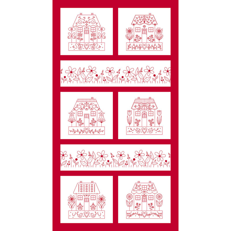 A fabric panel featuring 8 blocks, 6 white squares with red outlines of homes and gardens, and two smaller strip blocks with florals bordered by bold red borders.