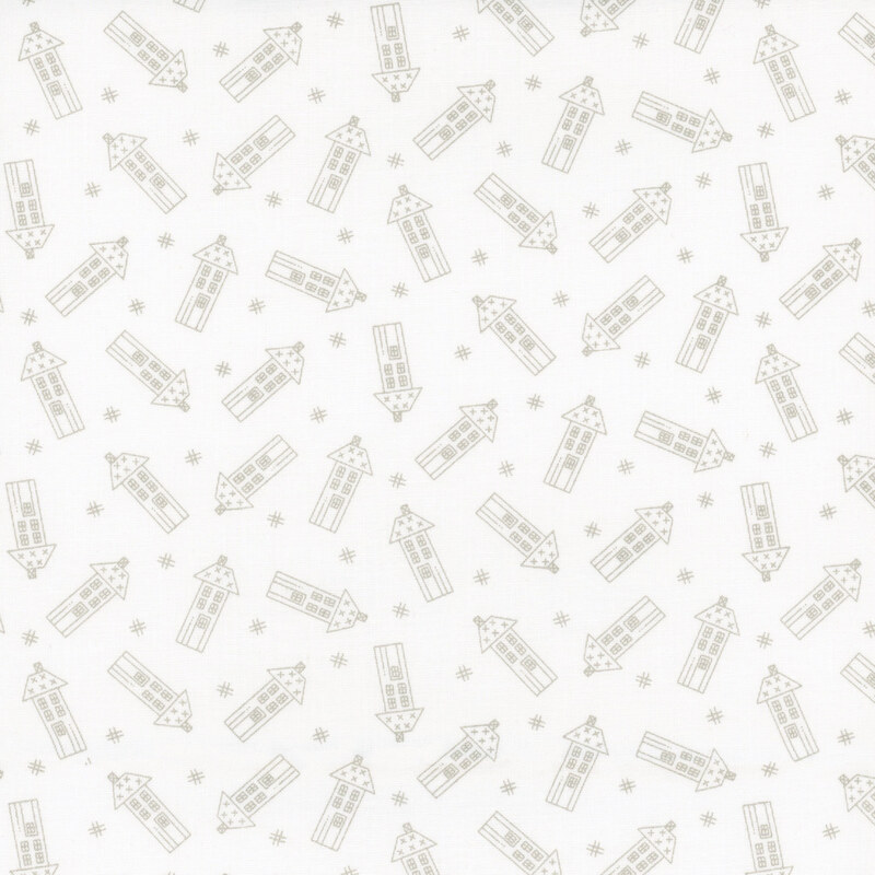 Repeating pattern of light-colored houses and hashtags on a white background.