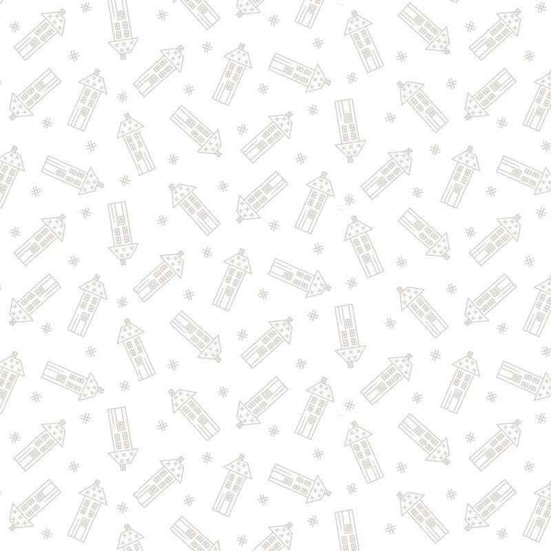 Repeating pattern of light-colored houses and hashtags on a white background.