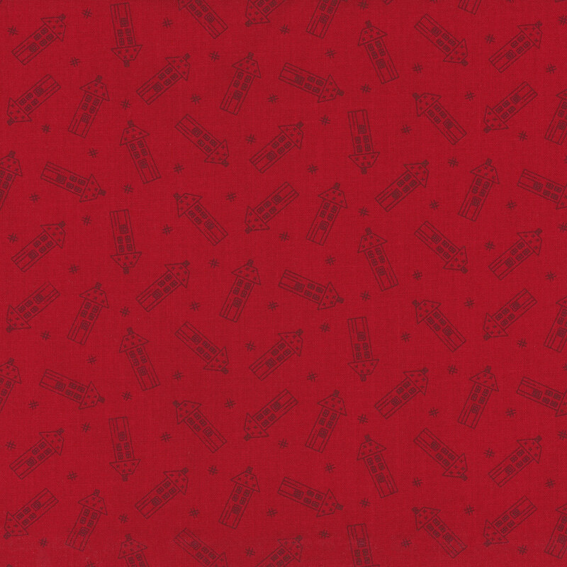 Repeating pattern of dark red houses and hashtags on a red background.