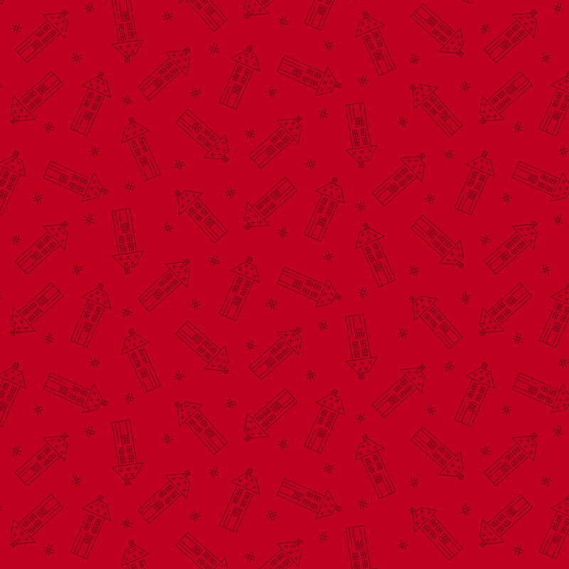 Repeating pattern of dark red houses and hashtags on a red background.