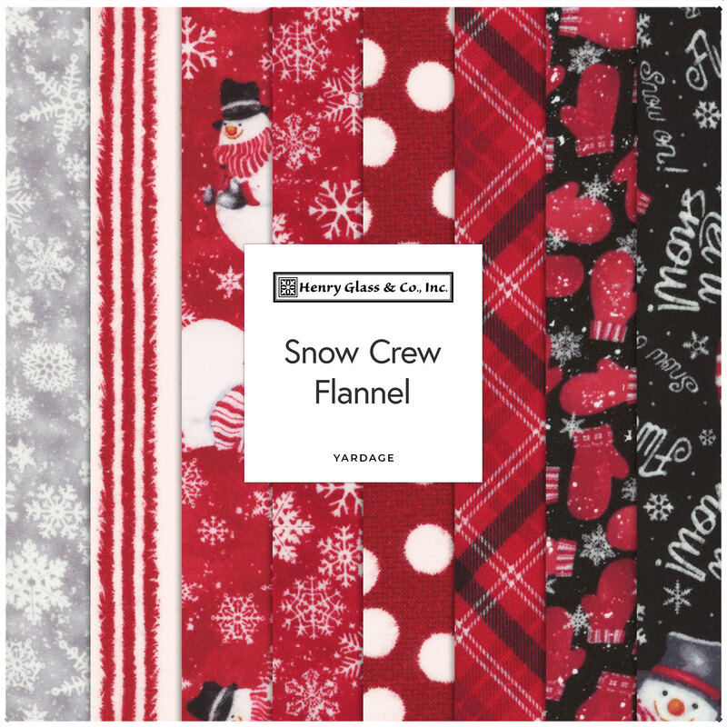 A collage of festive flannel fabrics featuring snowflakes, snowmen, and mittens in red, gray, and black.