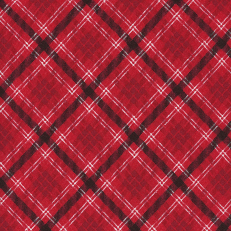 Red plaid pattern featuring intersecting black and white lines on a red background.