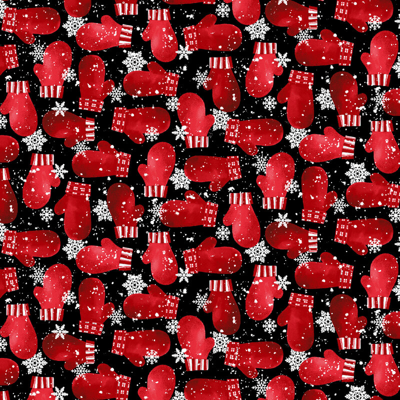 A pattern of red mittens with white stripes and falling snowflakes on a black background