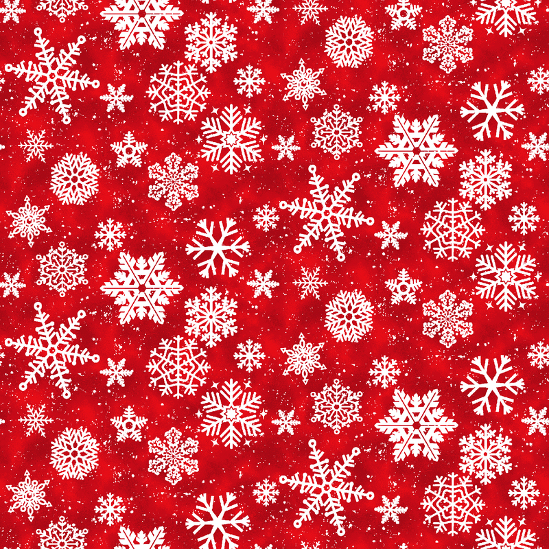 White snowflakes of various shapes and sizes scattered on a cherry red mottled background.