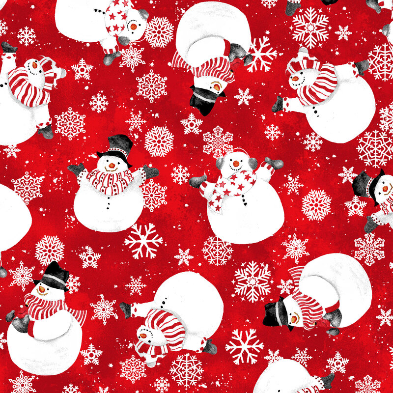 Red fabric featuring cheerful snowmen in striped scarves with falling snowflakes.