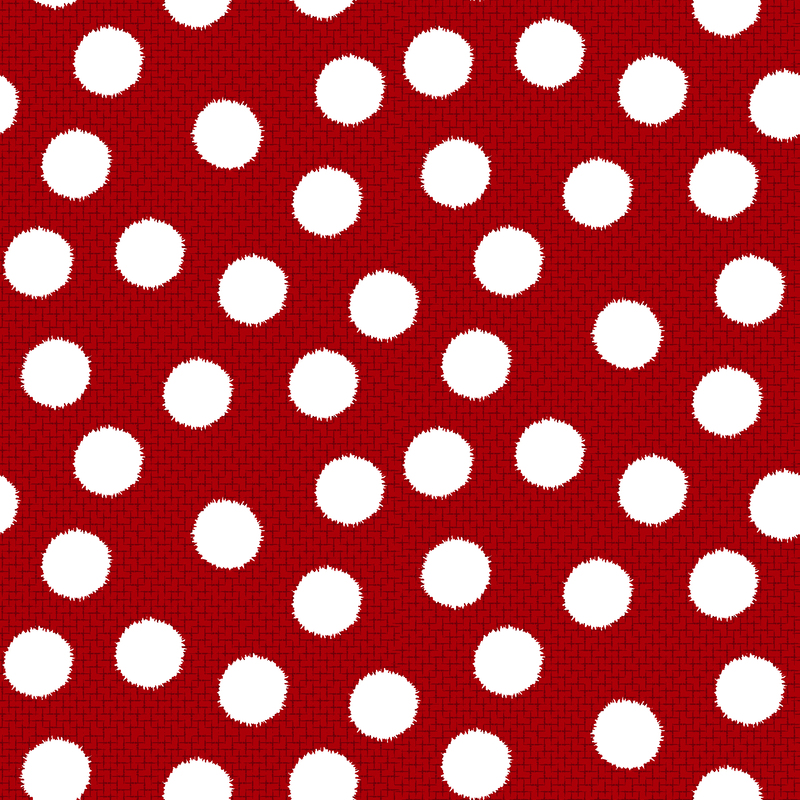 Red textured fabric scattered with white fuzzy polka dots. 