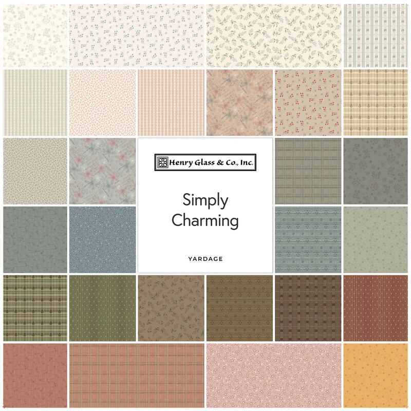 Collage of fabric patterns in soft colors titled Simply Charming by Henry Glass & Co. Inc.