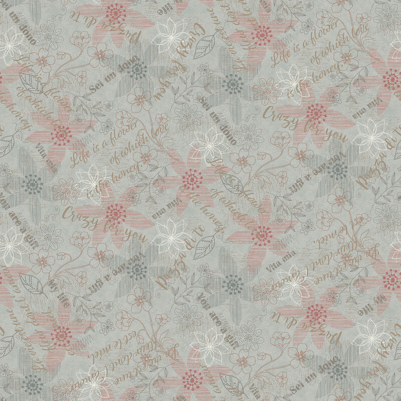 fabric pattern of love letters and floral motifs on gray background 