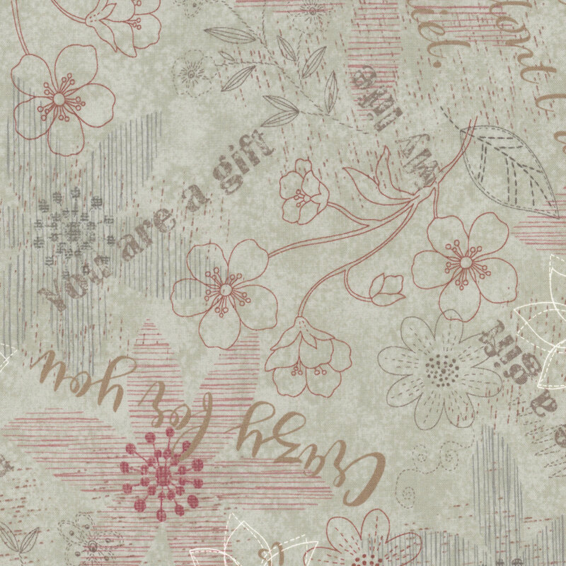 fabric pattern of love letters and floral motifs on gray background 