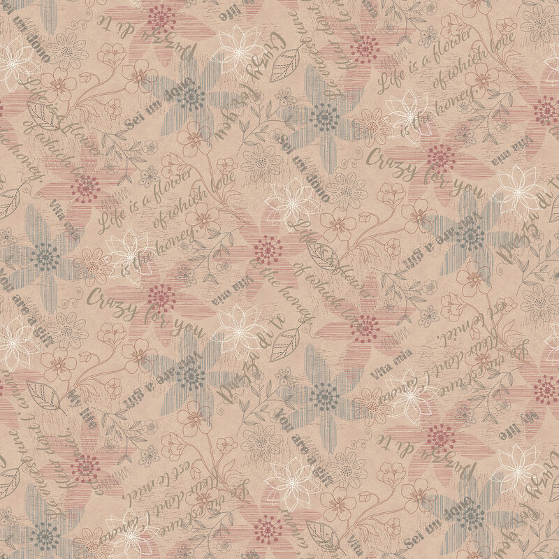 fabric pattern of love letters and floral motifs on pink background 