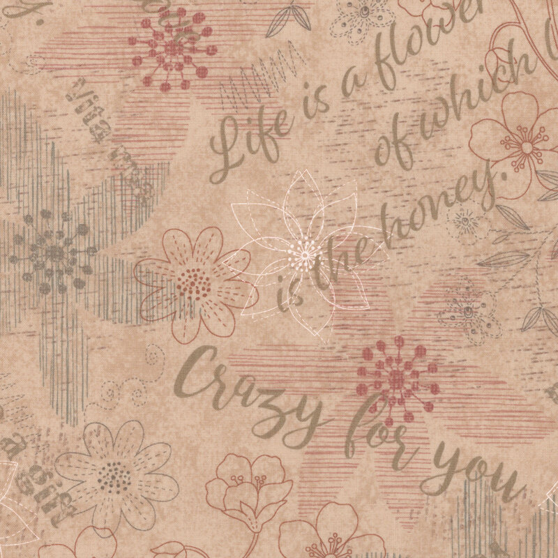 fabric pattern of love letters and floral motifs on pink background 