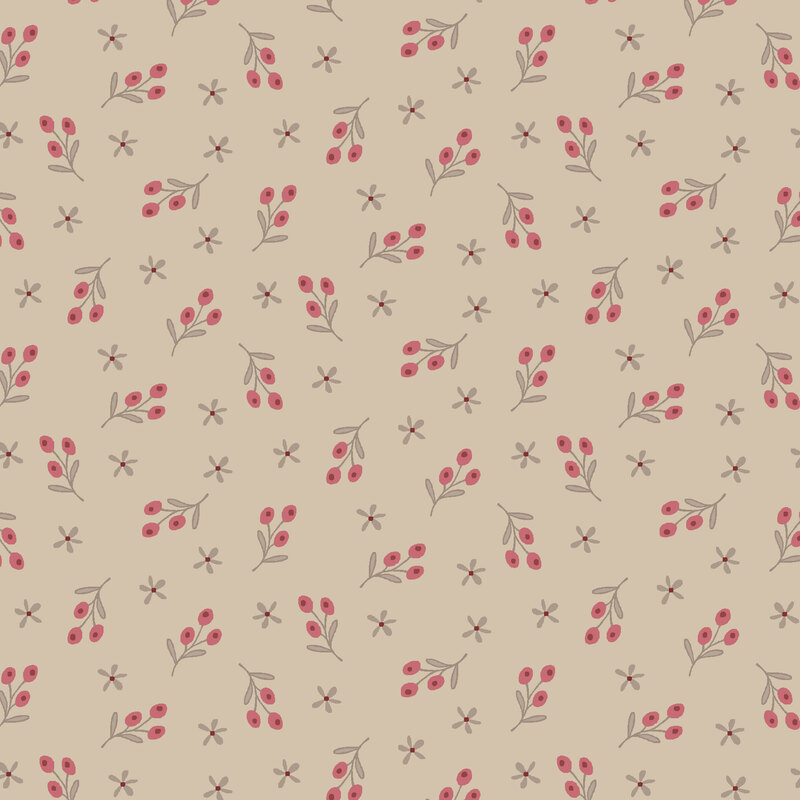 fabric pattern of tiny red berries and flowers on a warm beige background