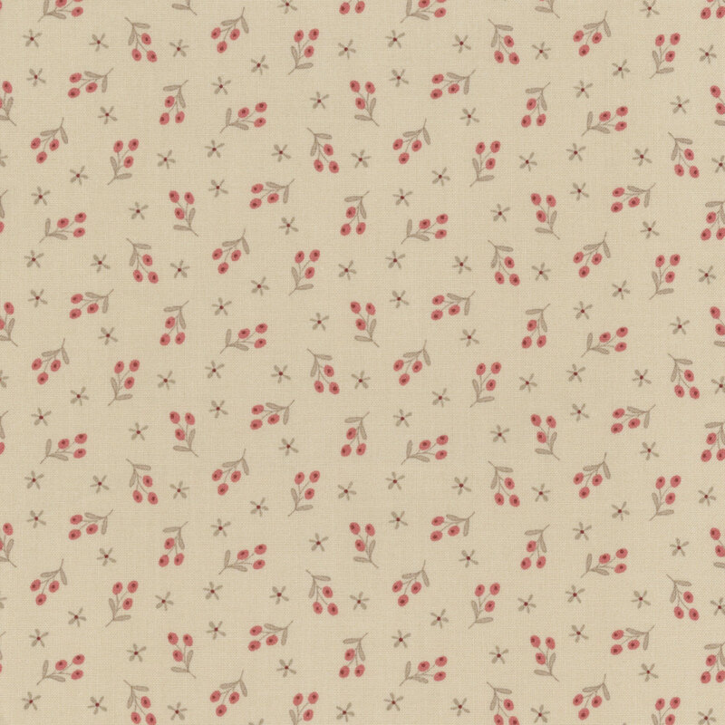 fabric pattern of tiny red berries and flowers on a warm beige background