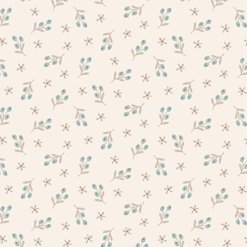 fabric pattern of tiny blue berries and flowers on a cream background