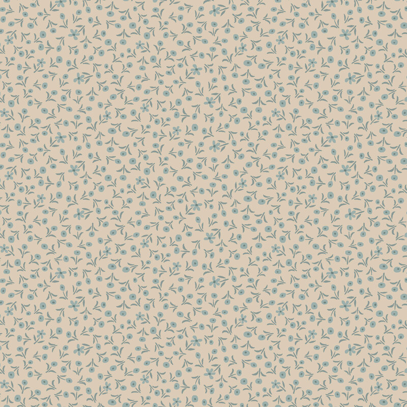 fabric pattern of tiny blue flowers scattered on a dark beige background