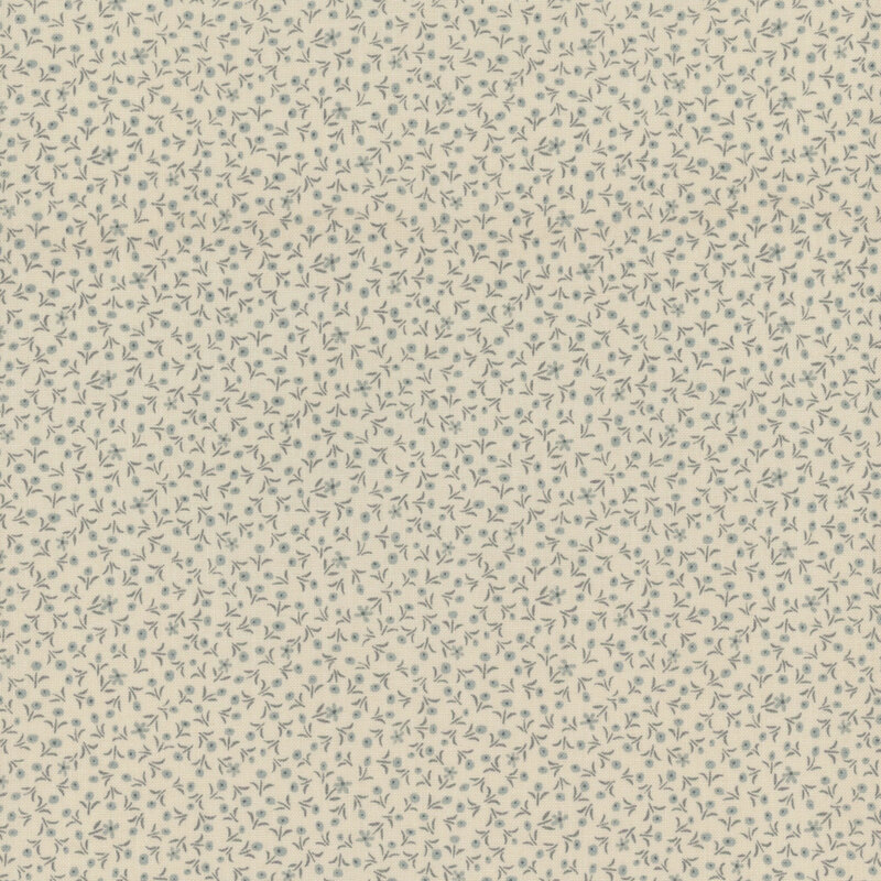 fabric pattern of tiny blue flowers scattered on a dark beige background