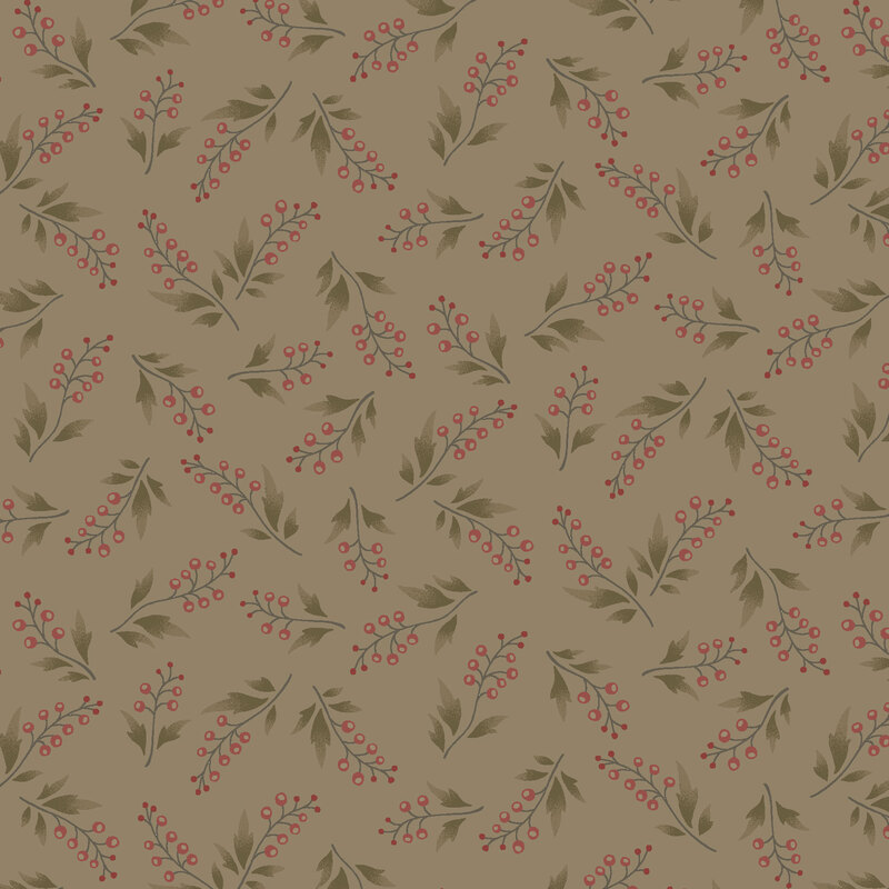 fabric pattern of small red berries and leaves scattered on a brown background