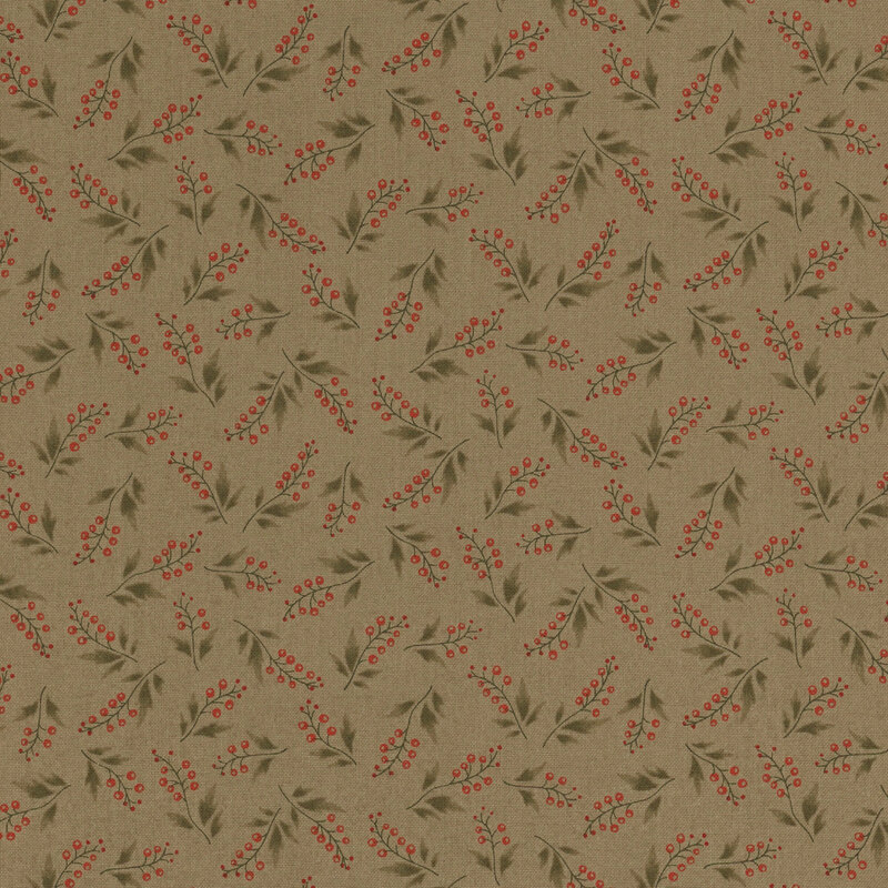 fabric pattern of small red berries and leaves scattered on a brown background