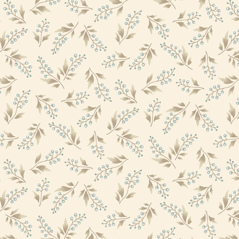 fabric pattern of small blue berries and leaves scattered on a cream background