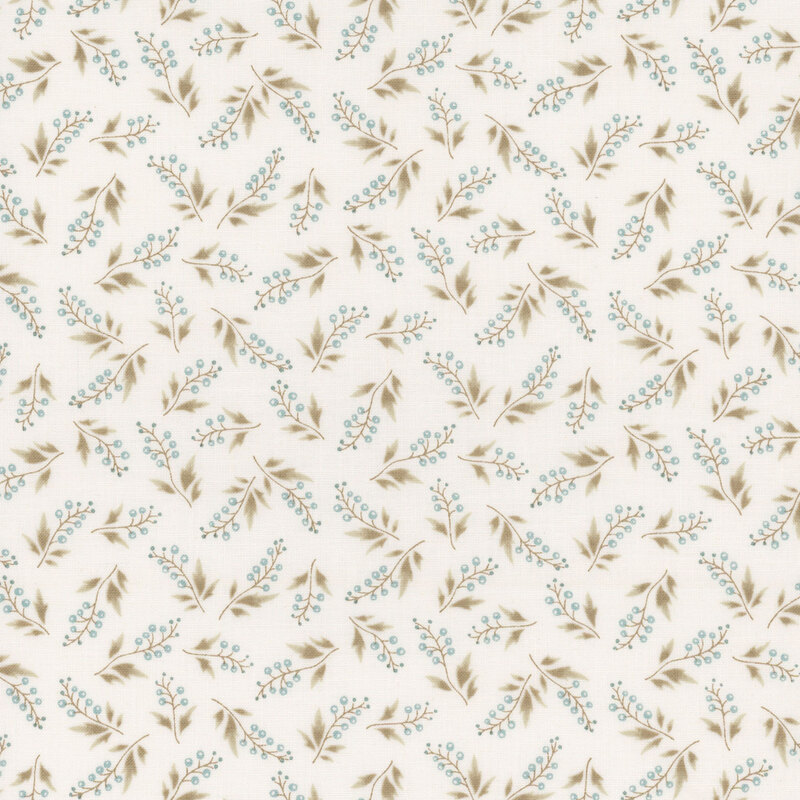 fabric pattern of small blue berries and leaves scattered on a cream background