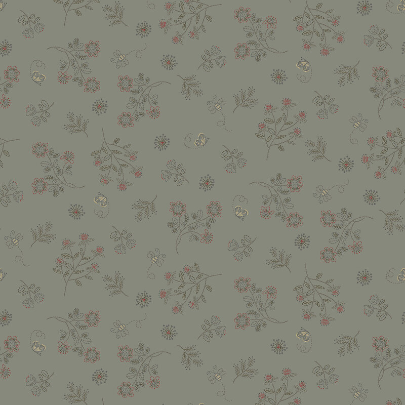 fabric features wildflowers and tiny blooms on a gray background