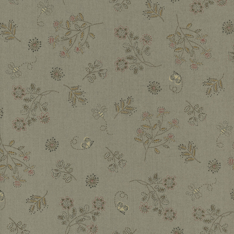 fabric features wildflowers and tiny blooms on a gray background