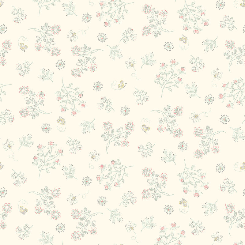 fabric features wildflowers and tiny blooms on a white background