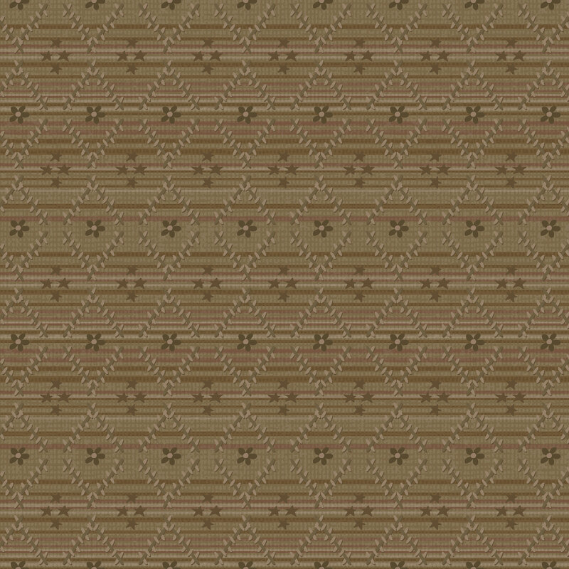 fabric pattern of textured interwoven lines and floral motifs on a brown background